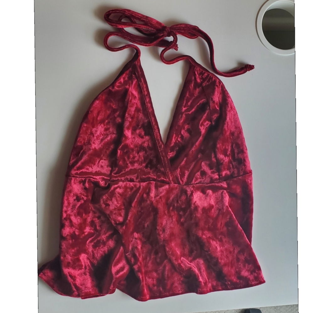 NWOT Crushed Red Velvet Peplum Halter Top